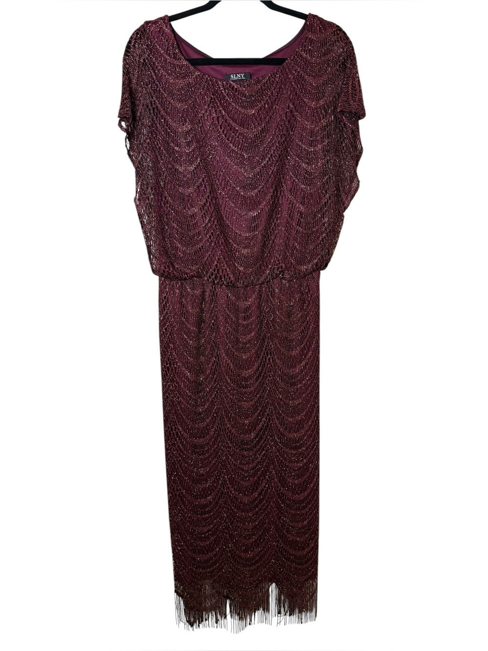 SLNY size 6 Wine Beaded Fringe Evening Dress